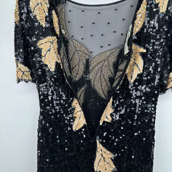 Lillie Rubin Women’s Black Cream All Over Sequin Leaf Illusion Neck Mini Dress - Picture 7 of 16